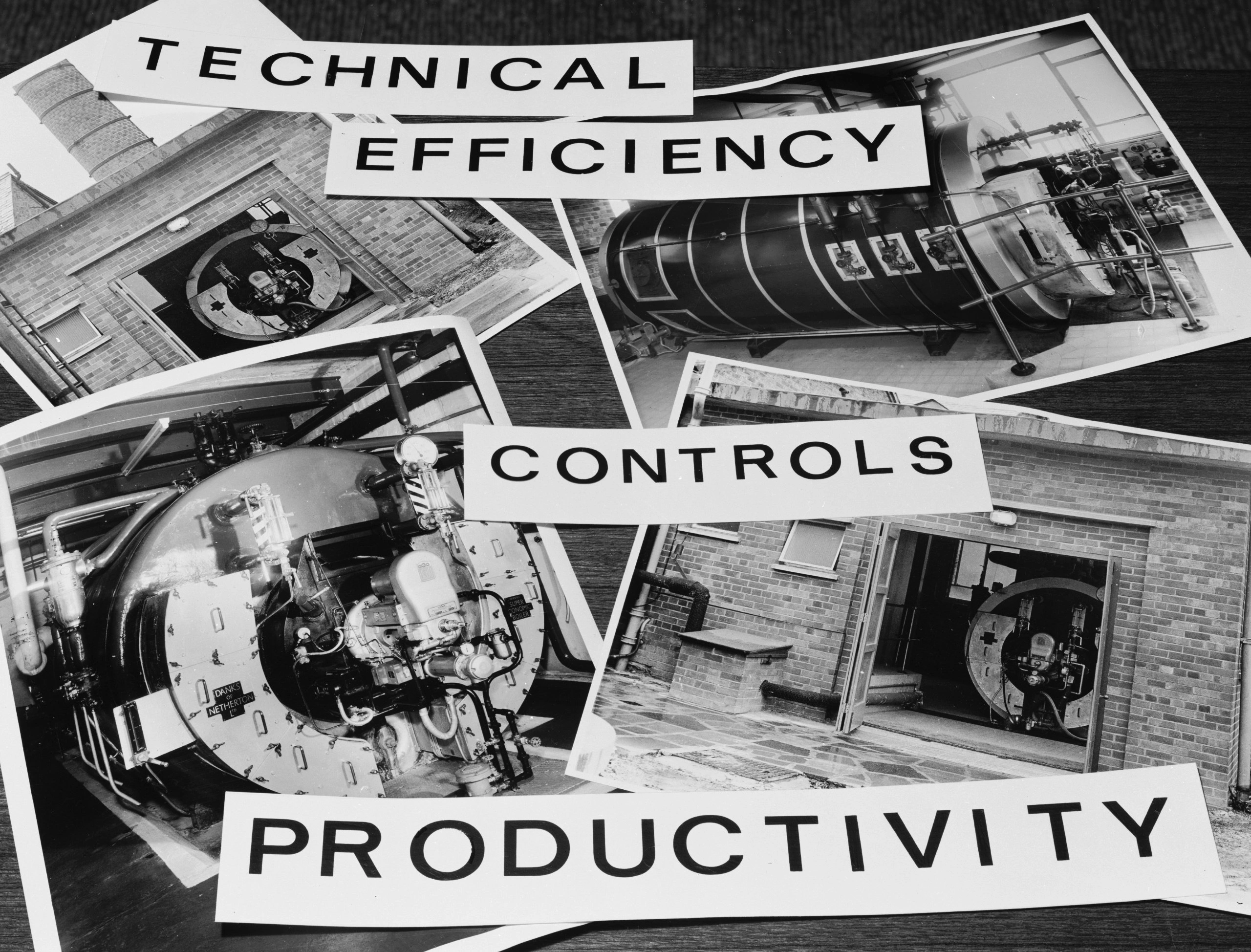 Schwarz-weiße Fotos von Industrieanlagen mit überlagerten Wörtern: „Technical“, „Efficiency“, „Controls“, „Productivity“.